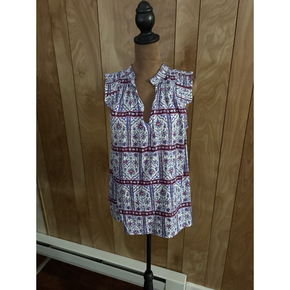 Loft Womens Small Blue Purple Medallion Tile Print Sleeveless Ruffle Neck Blouse